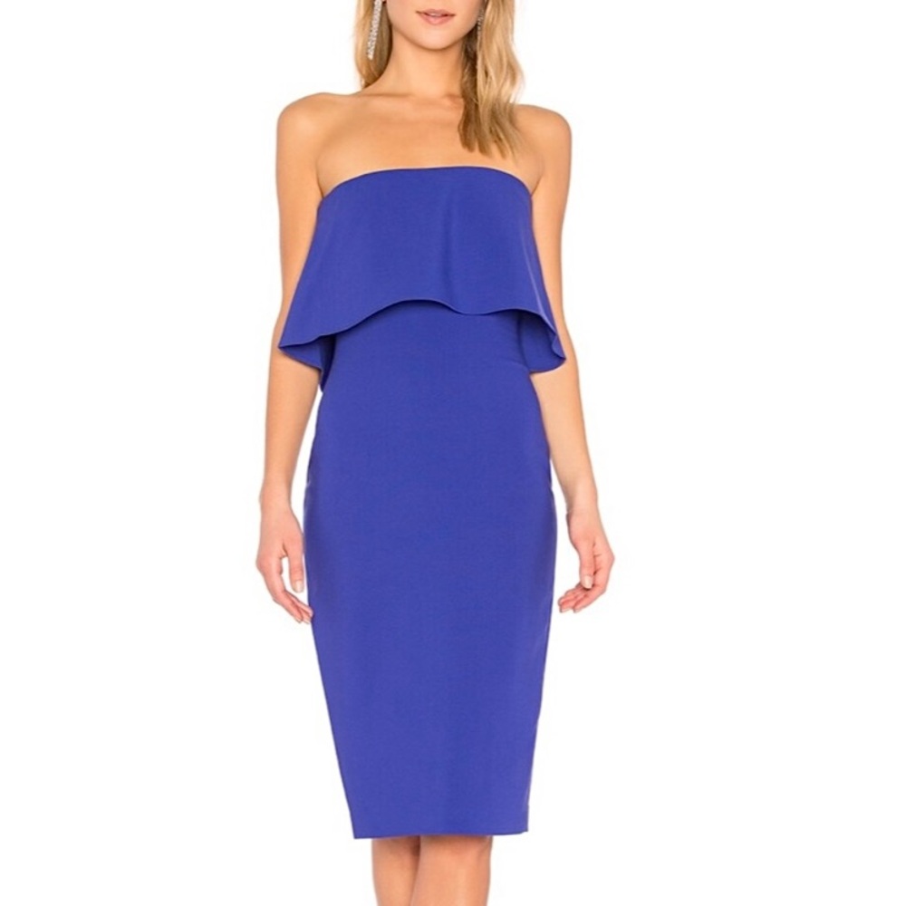 NWT Revolve LIKELY Driggs Dress Flouncy Strapless Bodycon ultramarine blue 10 12